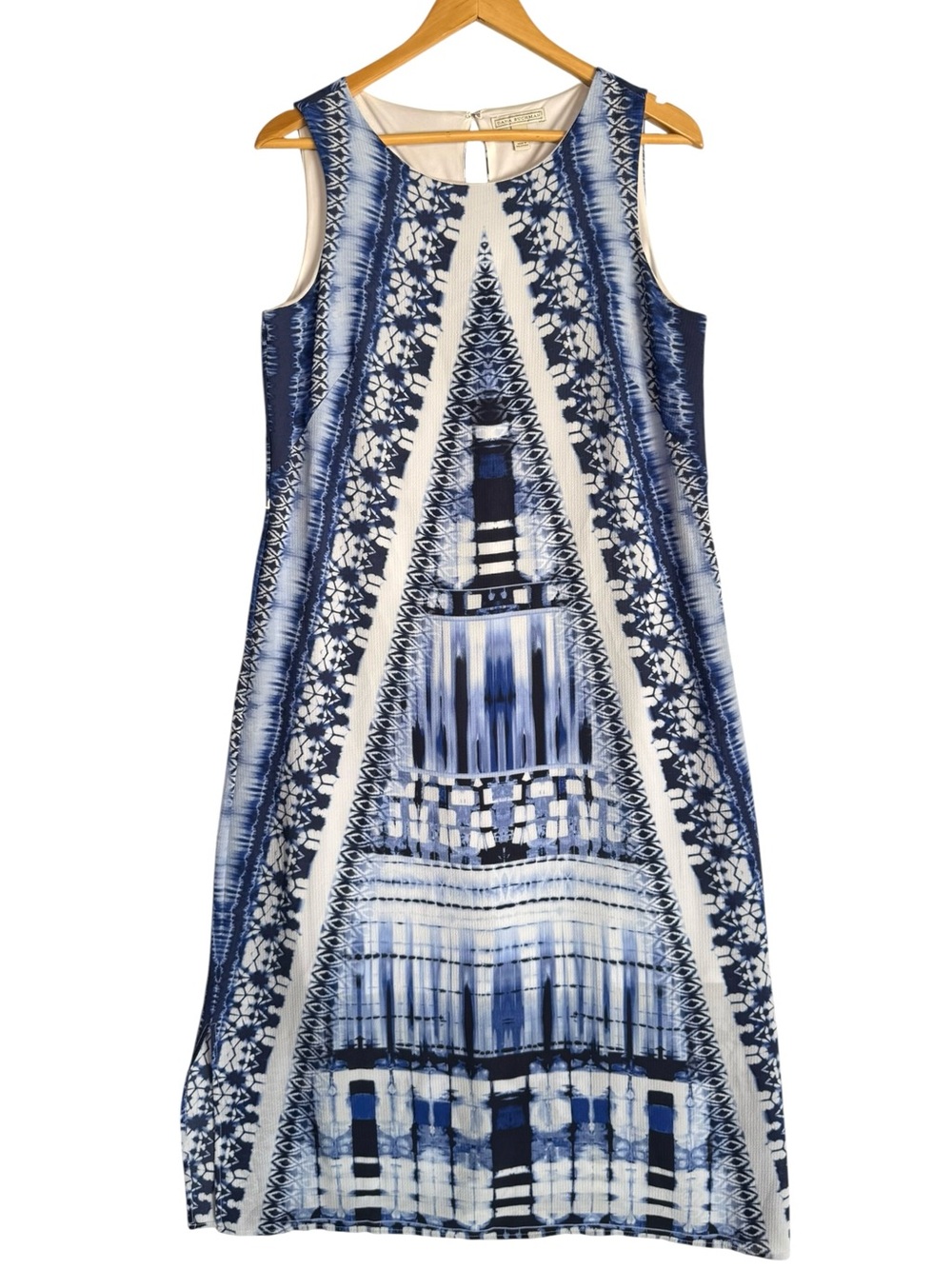Dana Buchman blue white sleeveless midi dress geometric shibori-inspired print-S